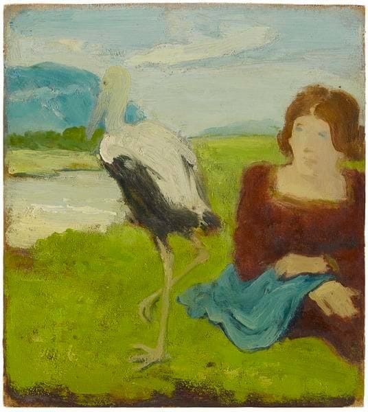Artwork Title: Seated Woman with a Stork by a Pond in a Landscape