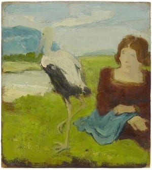 Artwork Title: Seated Woman with a Stork by a Pond in a Landscape