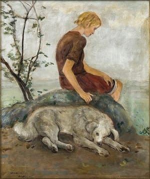 Artwork Title: Girl with a Dog, oil on plywood