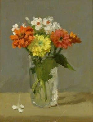 Artwork Title: Zinnias and White Flowers in a Glass Jar