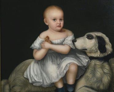 Artwork Title: Portrait of a Child Holding a Biscuit Seated on a Large Gray and White Dog, 19th c