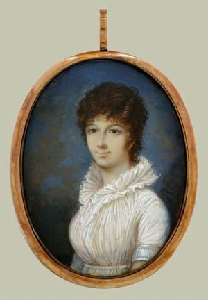 Artwork Title: 1794 - PORTRAIT MINIATURE of a Lady , BLUE GLASS with HAIR on BACK: Finely painted portrait miniatur