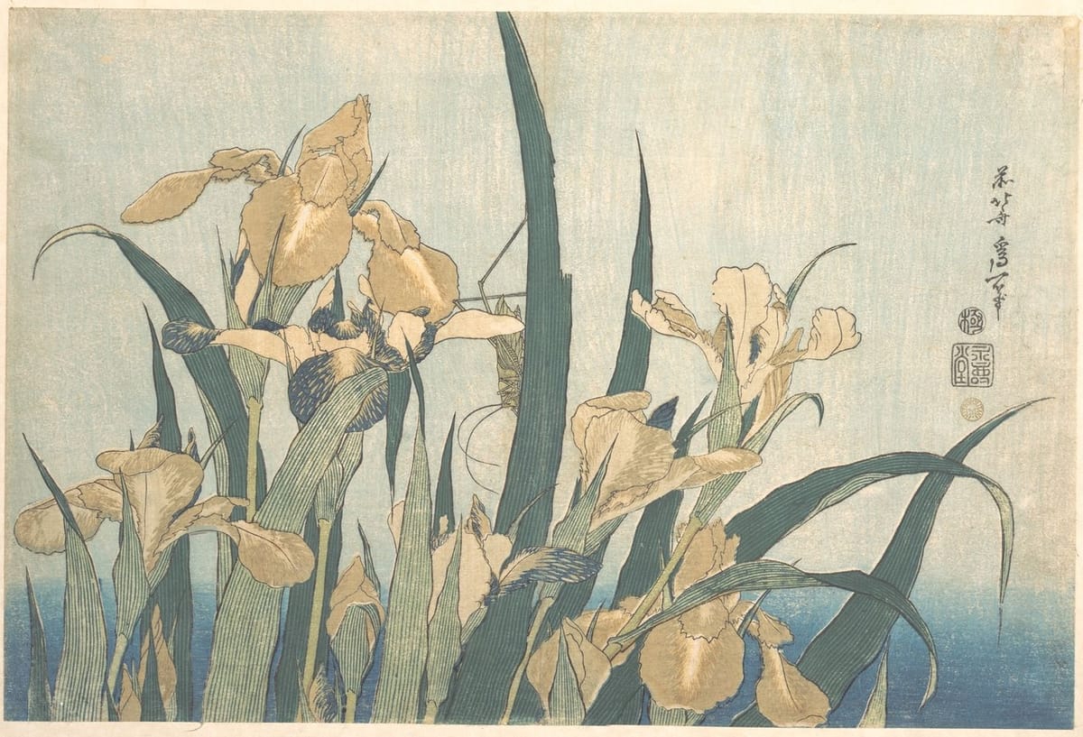 Artwork Title: Iris Flowers and Grasshopper