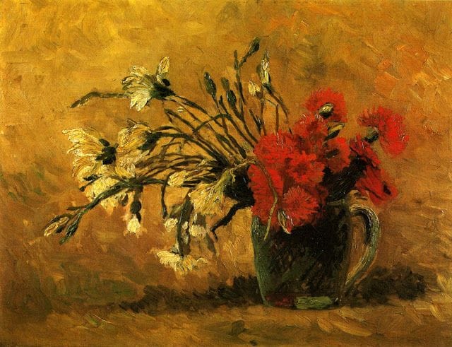 Artwork Title: Vase with Red and White Carnations on a Yellow Background