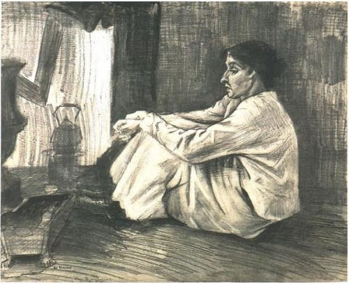 Artwork Title: Sien with a cigar, sitting on the floor beside the fireplace