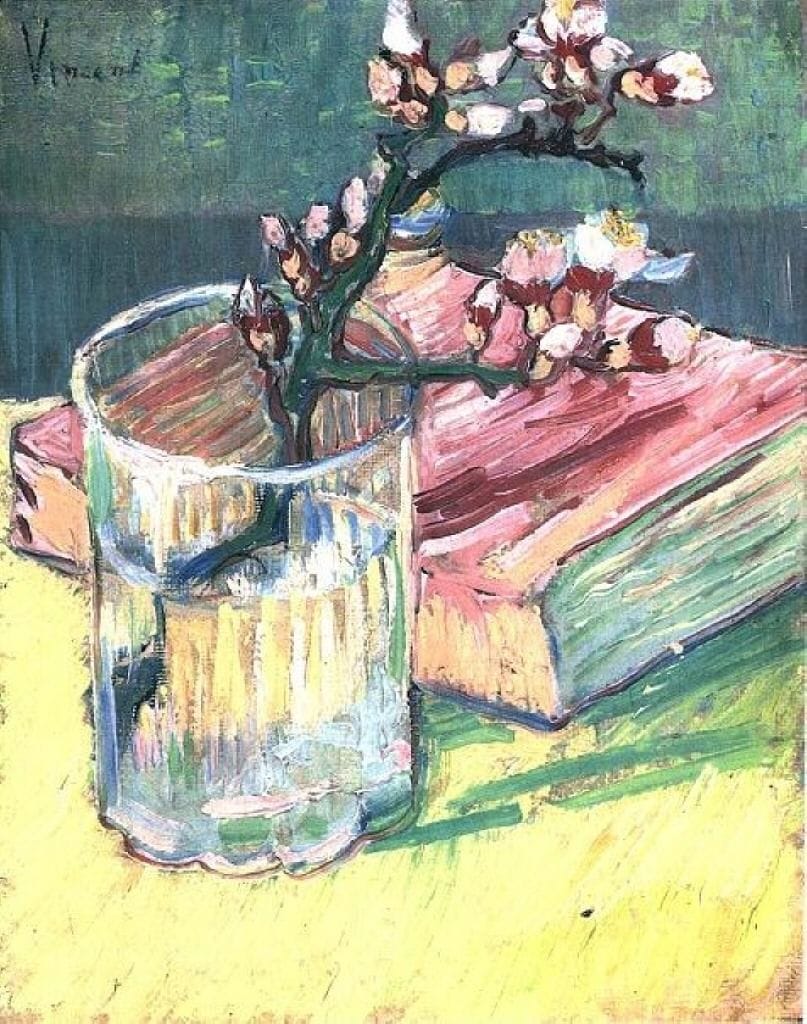 Artwork Title: Blossoming Almond Branch in a Glass with a Book
