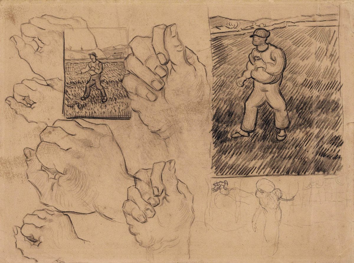 Artwork Title: Schetsen van twee zaaiers en studies van een hand (Sketches of Two Sowers and Hand Studies)