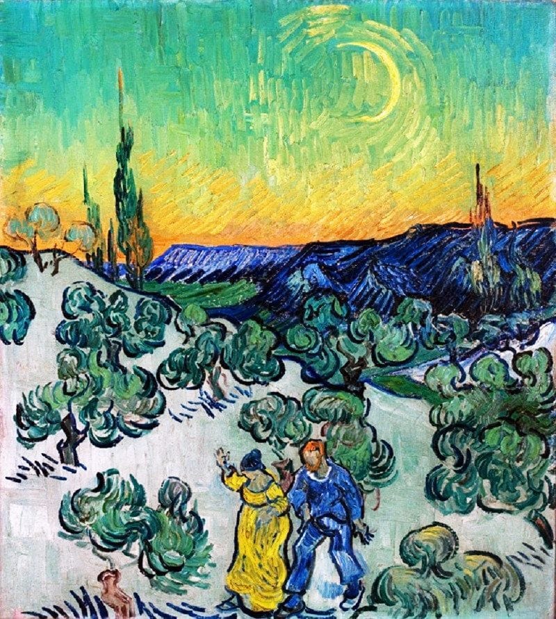Artwork Title: Couple Walking among Olive Trees in a Mountainous Landscape with Crescent Moon