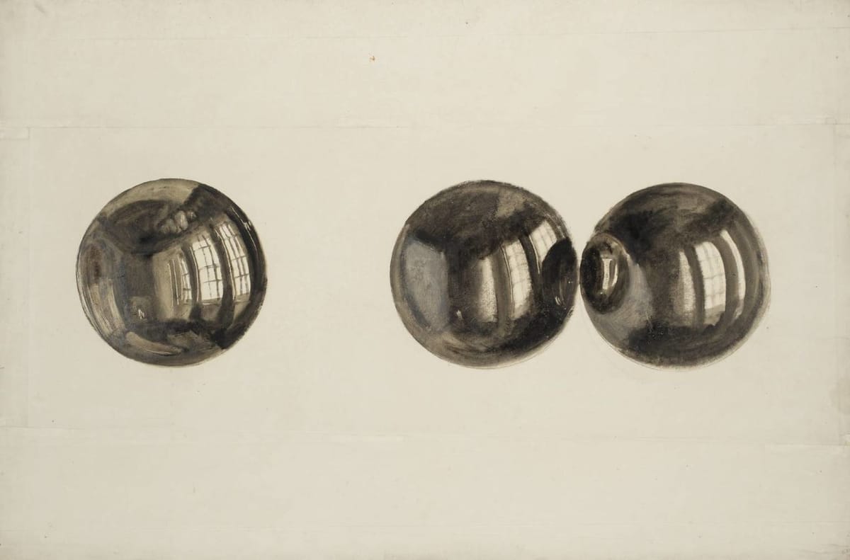 Artwork Title: Lecture Diagram: Reflections in a Single Polished Metal Globe and in a Pair of Polished Metal Globes