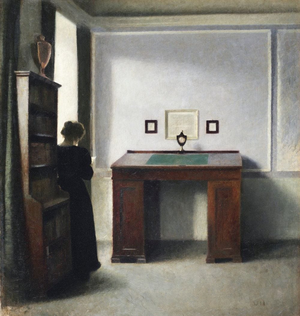 Artwork Title: A writing table and a young woman in an interior