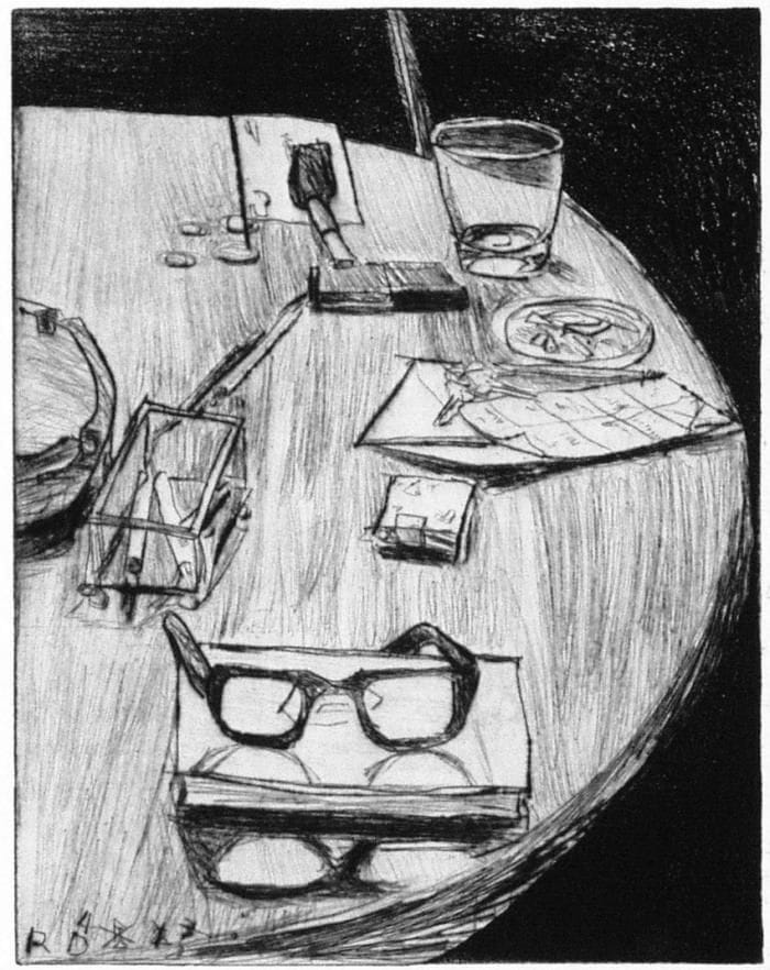 Artwork Title: #26 (Table Still Life with Ashtray and Numbers) from 41 Etchings Drypoints
