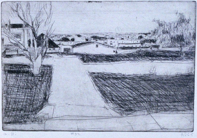 Artwork Title: #32 (street scene----trees, houses, lawns ),  from 41 Etchings Drypoints
