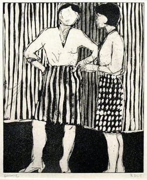 Artwork Title: Two Women Wearing Patterned Skirts Standing Against a Striped Background