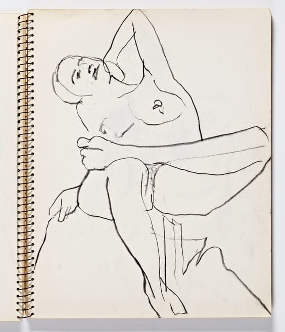 Artwork Title: Page 049 from Sketchbook # 21 (seated female nude with left leg crossed and left arm raised)