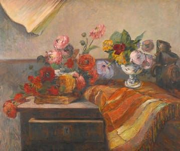 Artwork Title: Bouquets Et Céramique Sur Une Commode