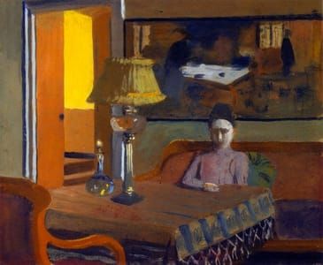 Artwork Title: Woman in a Purple Dress Next to a Lamp