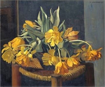 Artwork Title: Double Yellow Tulips on a Wicker Chair
