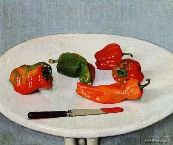 Artwork Title: Still Life with Red Peppers on a White Lacquered Table