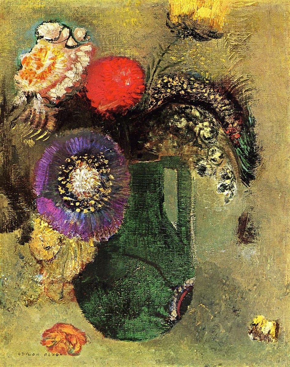 Artwork Title: Flowers in Green Vase with Handles