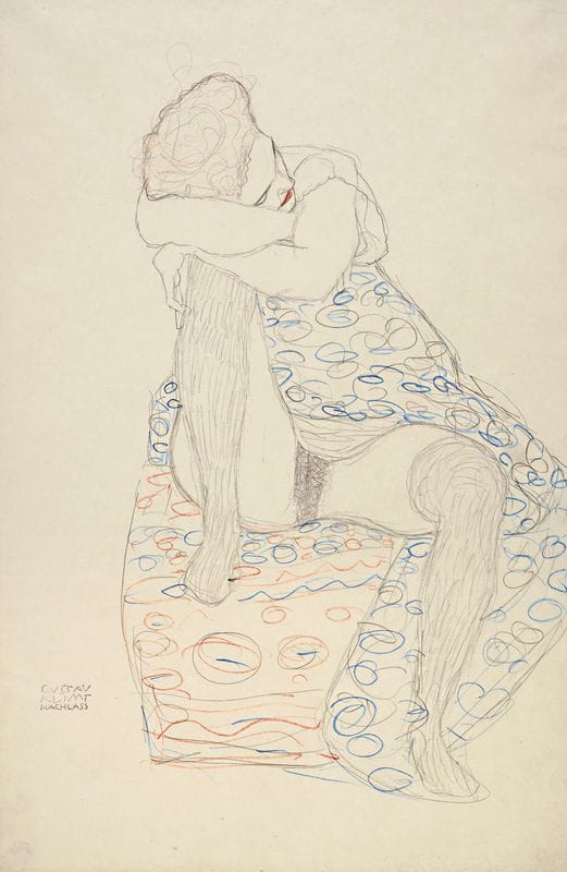 Artwork Title: Seated Female Semi-Nude in Patterned Dress, Her Head Resting on Her Right Knee