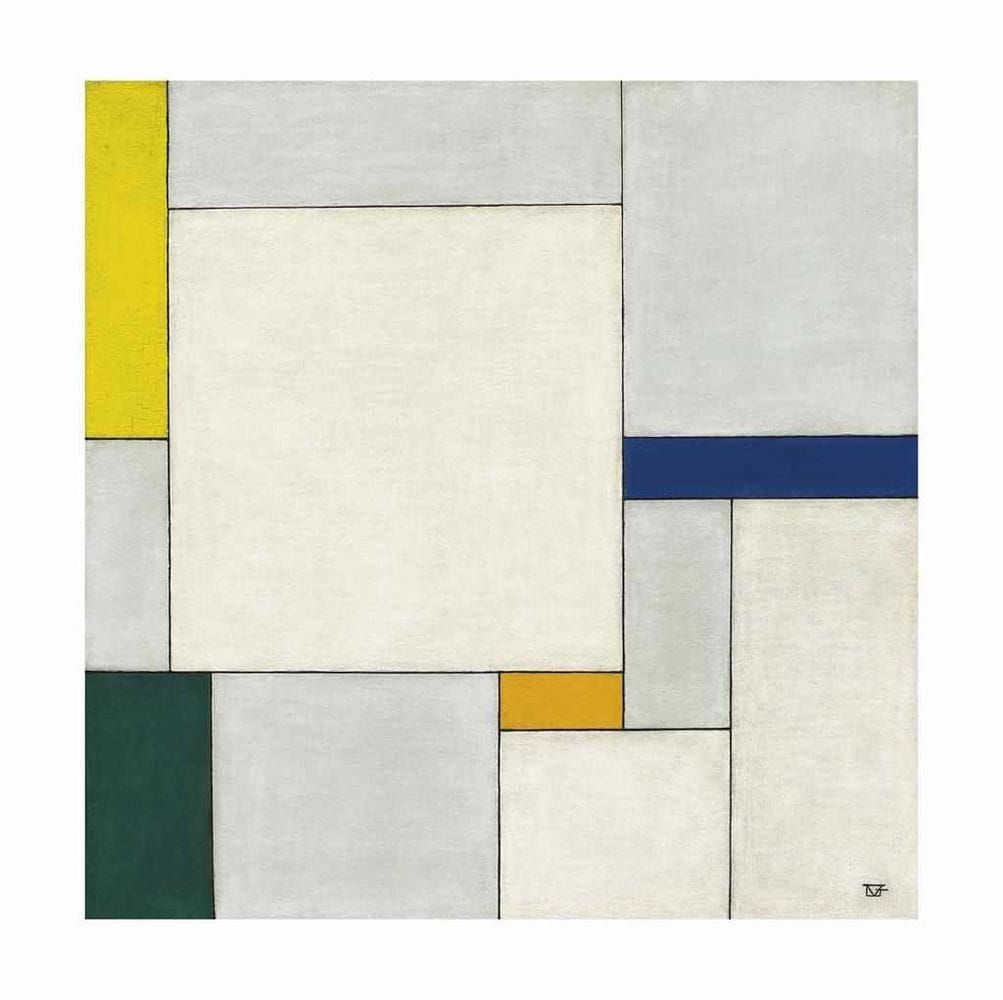 Artwork Title: Composition dans le carré avec couleurs jaune-vert-bleu-indigo-orangé