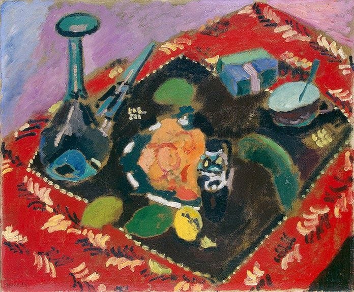 Artwork Title: Dishes and Fruit on a Red and Black Carpet