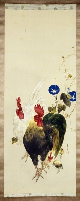 Artwork Title: Roosters, Chicks, And Morning Glories