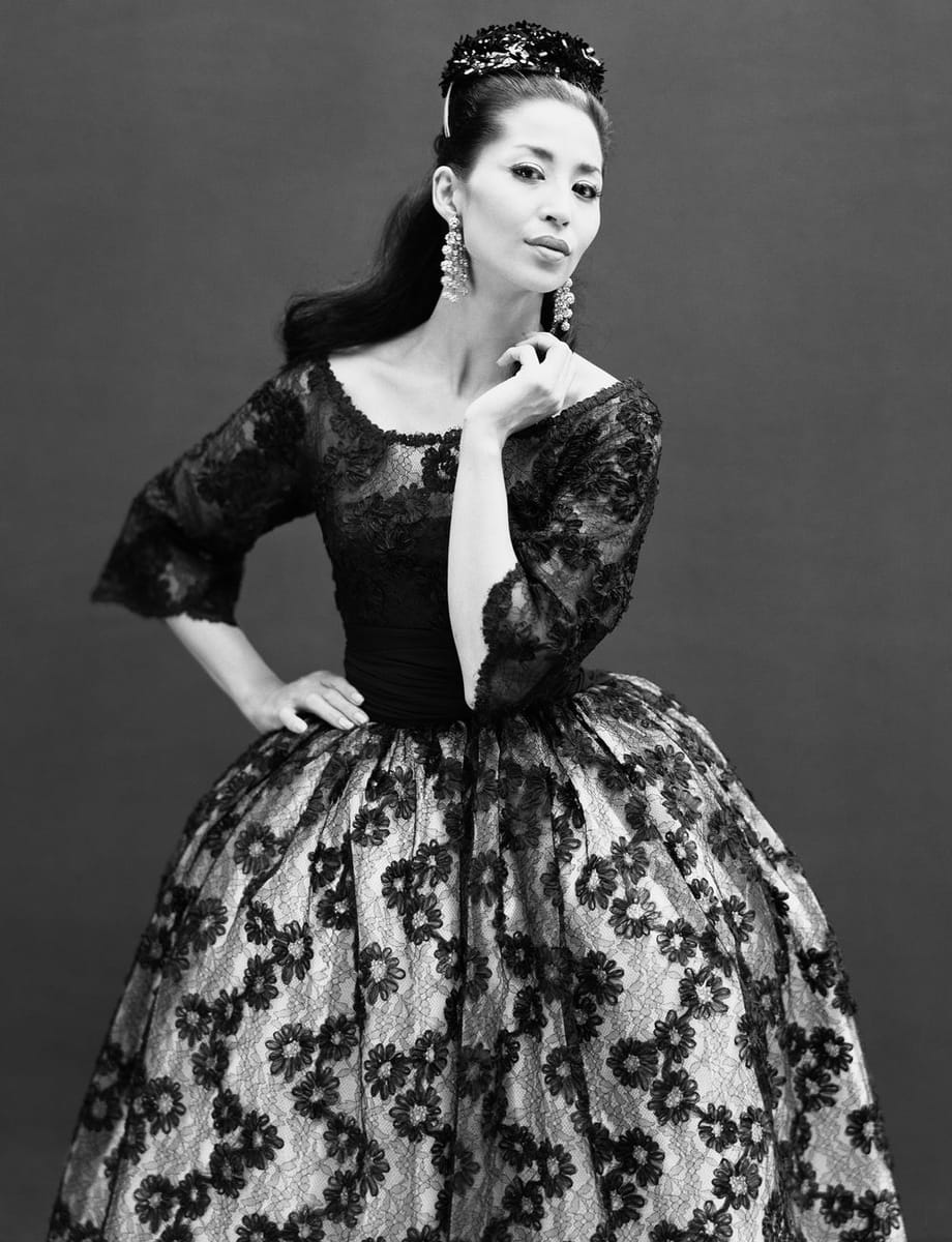 Artwork Title: Model China Machado in a dress by Jacques Griffe, Paris, in August 1959