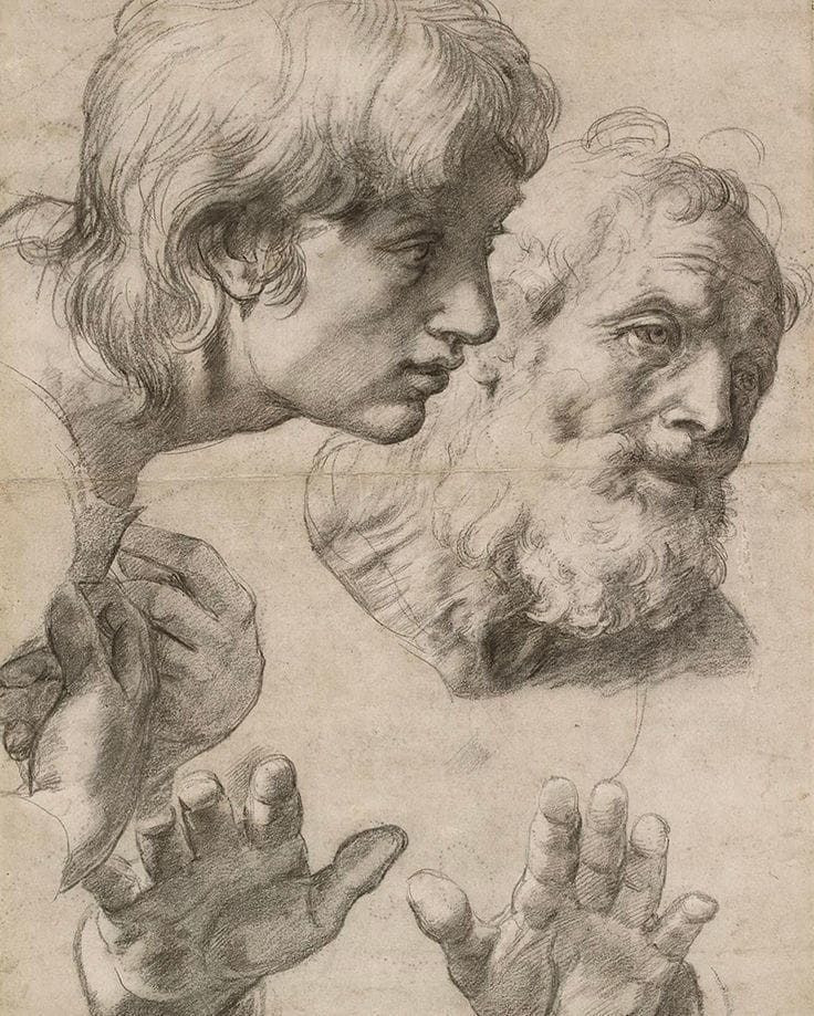 Artwork Title: Study of the heads and hands of two Apostles–1520