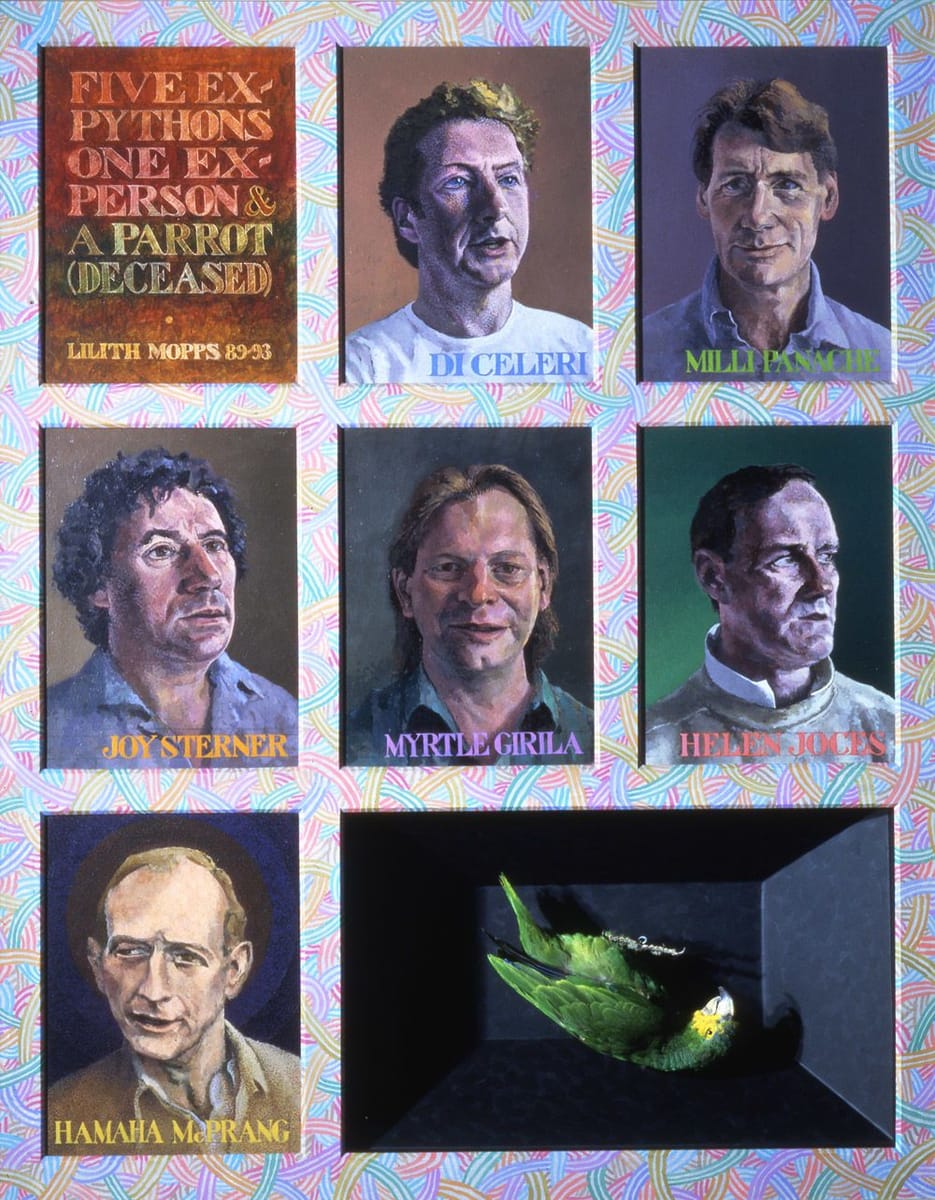 Artwork Title: Five Ex-Pythons, One Ex-Person, & A Parrot (Deceased)