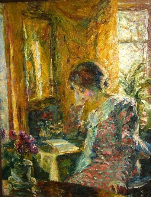 Artwork Title: Woman reading in a room with a mirror
