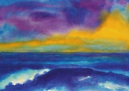 Artwork Title: Tiefblaues Meer unter gelb-violettem Himmel