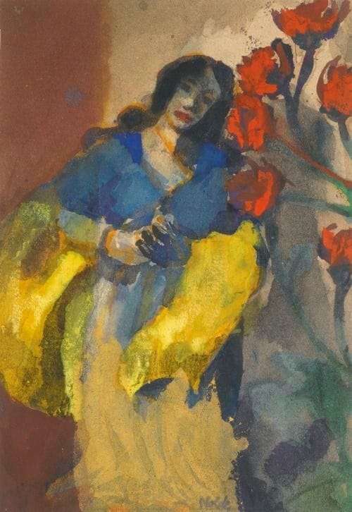 Artwork Title: Junge Frau mit gelber Stola und roten Blüten