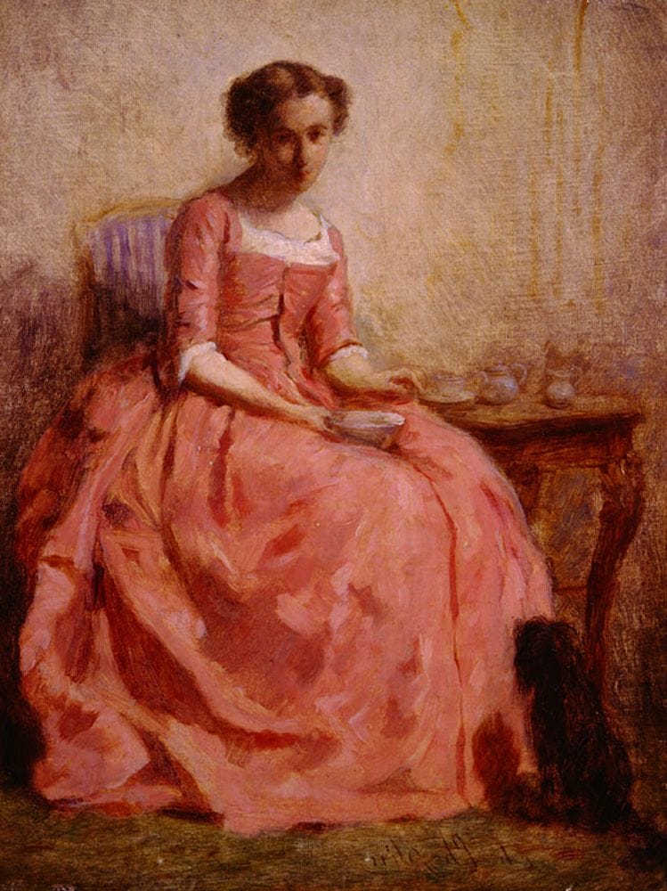 Artwork Title: Girl In A Pink Dress Reading With A Dog