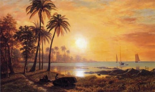 Artwork Title: Tropical Landscape with Fishing Boats in Bay
