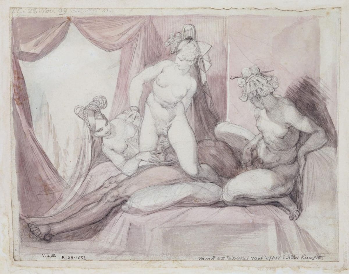 Artwork Title: Drawing of an Erotic Scene with Three Women and One Man