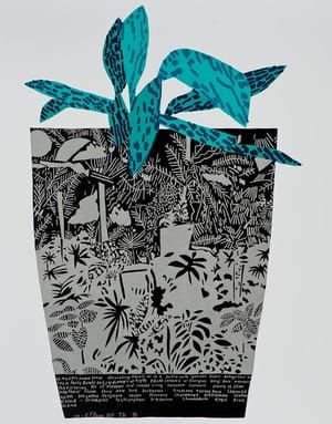 Artwork Title: Black Landscape Pot with Blue Plant
