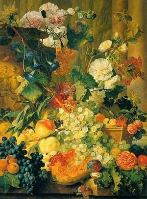 Artwork Title: Hollyhocks, Morning Glory, Marigolds, Cockscombs, Passion Flowers and Forget-Me-Not