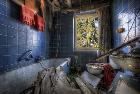 Artwork Title: Red & Blue - Decayed Bathroom Inside Abandoned Hotel