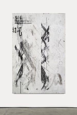Artwork Title: Jadische Säulen in weiß, Cassettes tape, acrylic and adhesive tape on canvas