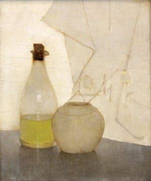 Artwork Title: Olieflesje en judaspenning in gemberpot (Oil Bottle and Lunaria in Ginger Jar),