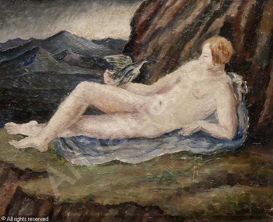 Artwork Title: Reclining nude with dove in a mountainous landscape (portrait of Henrietta Bingham)