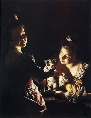 Artwork Title: Two Girls Dressing a Kitten by Candlelight