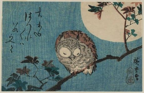 Artwork Title: Small Horned Owl On Maple Branch Under Full Moon