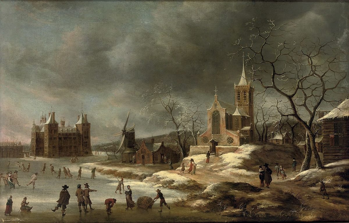 Artwork Title: A Winter Landscape With Activities On The Ice Near Castle