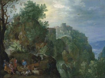 Artwork Title: A mountainous landscape with herdsmen resting by a path, a view of Tivoli, with the Temple of Vesta 