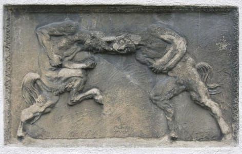 Artwork Title: Fighting Satyrs. Relief in the courtyard of the Villa Stuck in Munich, after a design by Franz von S