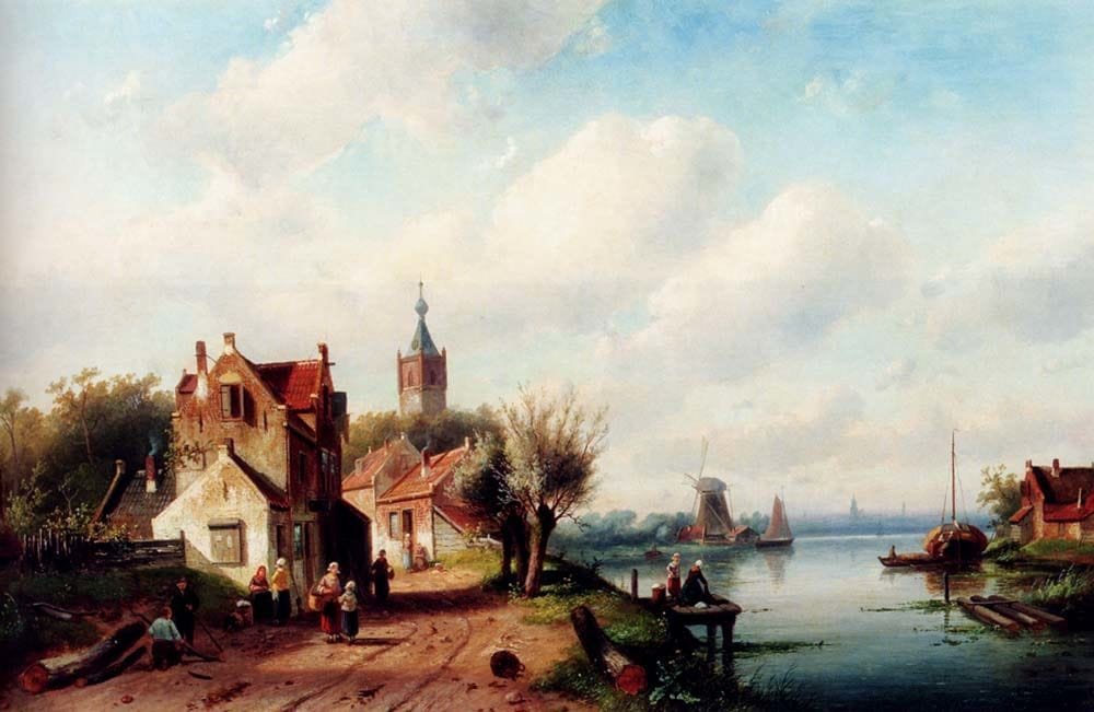 Artwork Title: A Village Along A River A Town In The Distance