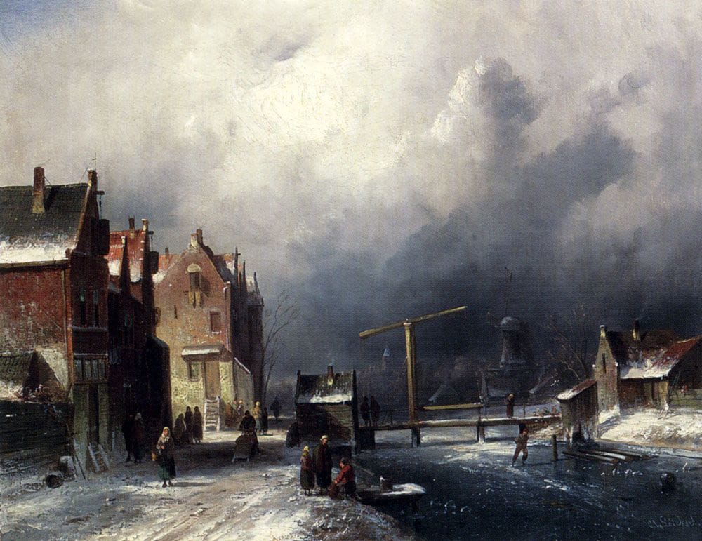Artwork Title: Figures in a Dutch Town by a Frozen Canal