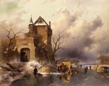 Artwork Title: Skaters On A Frozen Lake By The Ruins Of A Castle